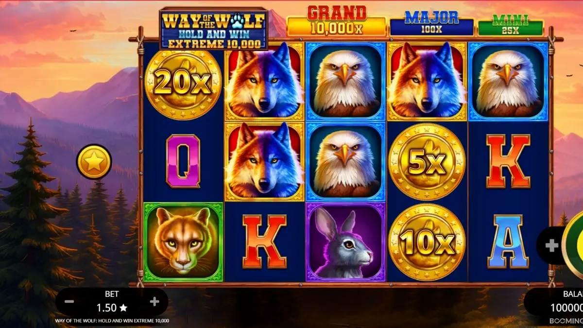 Tampilan visual slot Way of the Wolf dengan latar belakang hutan malam dan serigala