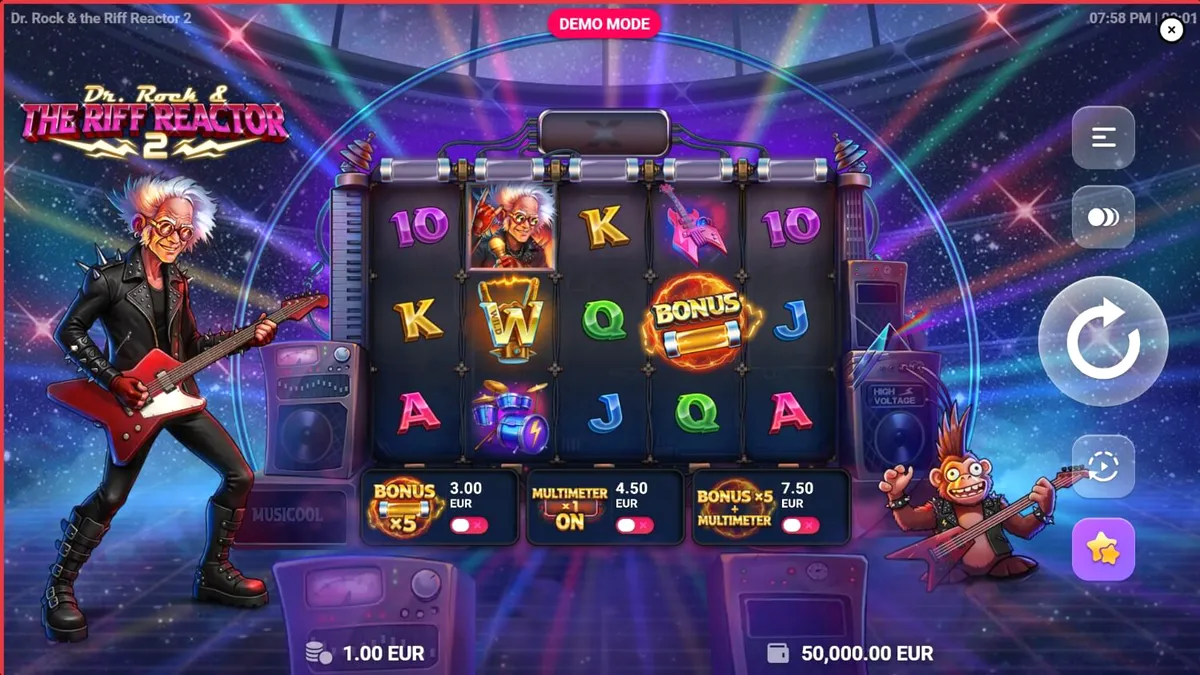 Dr. Rock & the Riff Reactor 2 slot game screen with neon rock theme