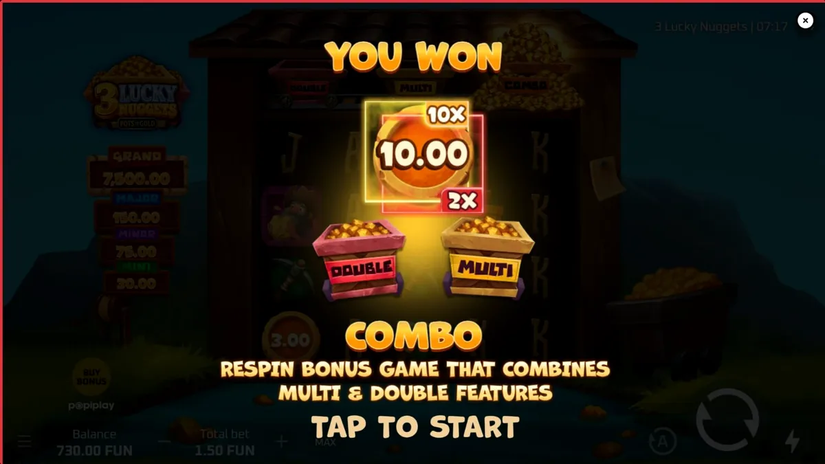 Tampilan visual slot 3 Lucky Nuggets dengan tema pertambangan emas yang ceria