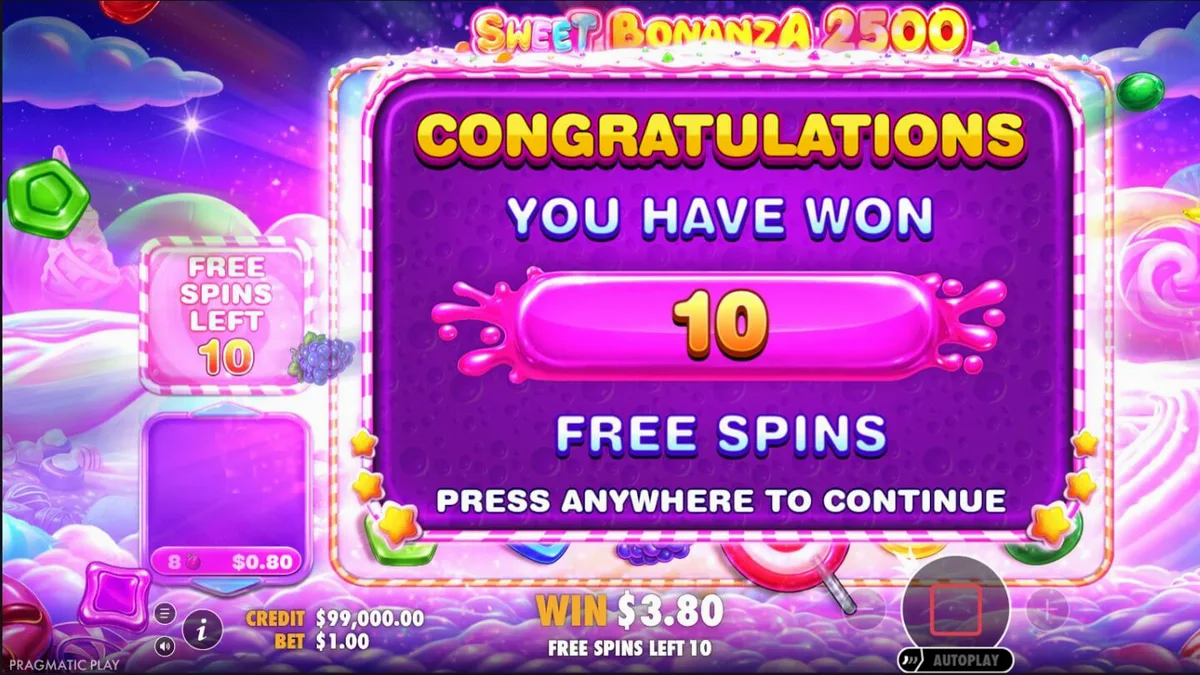Tampilan visual penuh warna dari slot Sweet Bonanza 2500 dengan simbol permen dan buah-buahan.